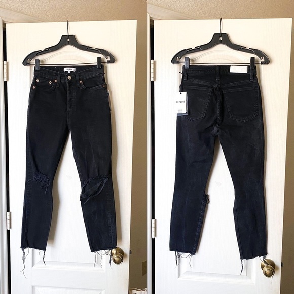 RE/DONE Jean 90s High Rise Ankle Crop Frayed Hole Jet Black With Rips 25 NWT - Picture 2 of 8